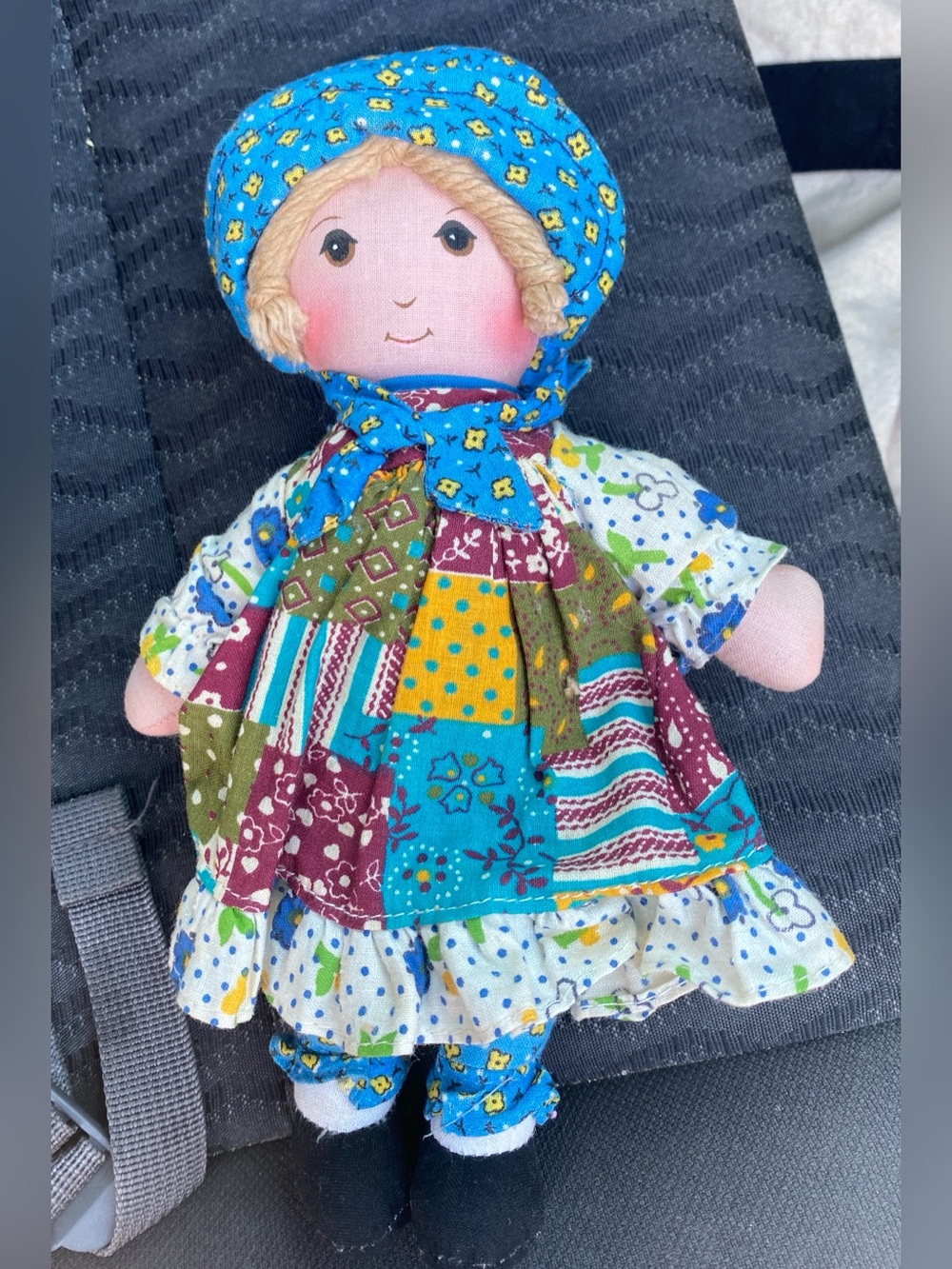 Handmade Patchwork Cloth Doll in Blue Multicolor Dress - Kids Toy